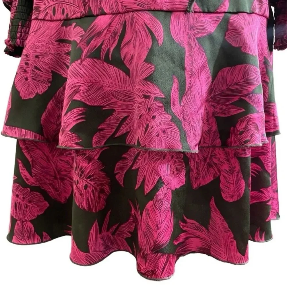 Sam Edelman Tropical Palm Mini Dress Smocked Waist Tiered Long Sleeve Pink Black
